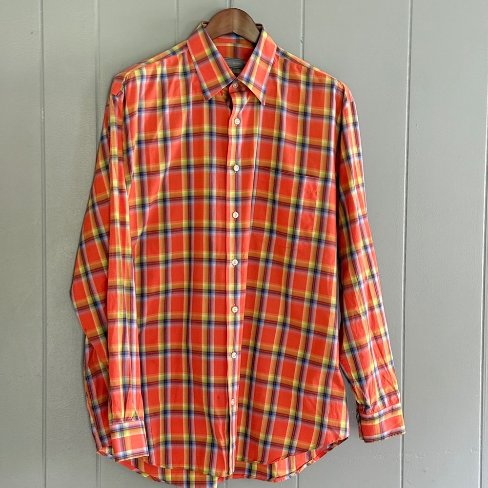 Hickey Freeman Mens XL Orange Plaid Long Sleeve Shirt Woven Italy Coastal